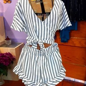 Sweaty rocks gray and white striped crop tie top and shorts set.
